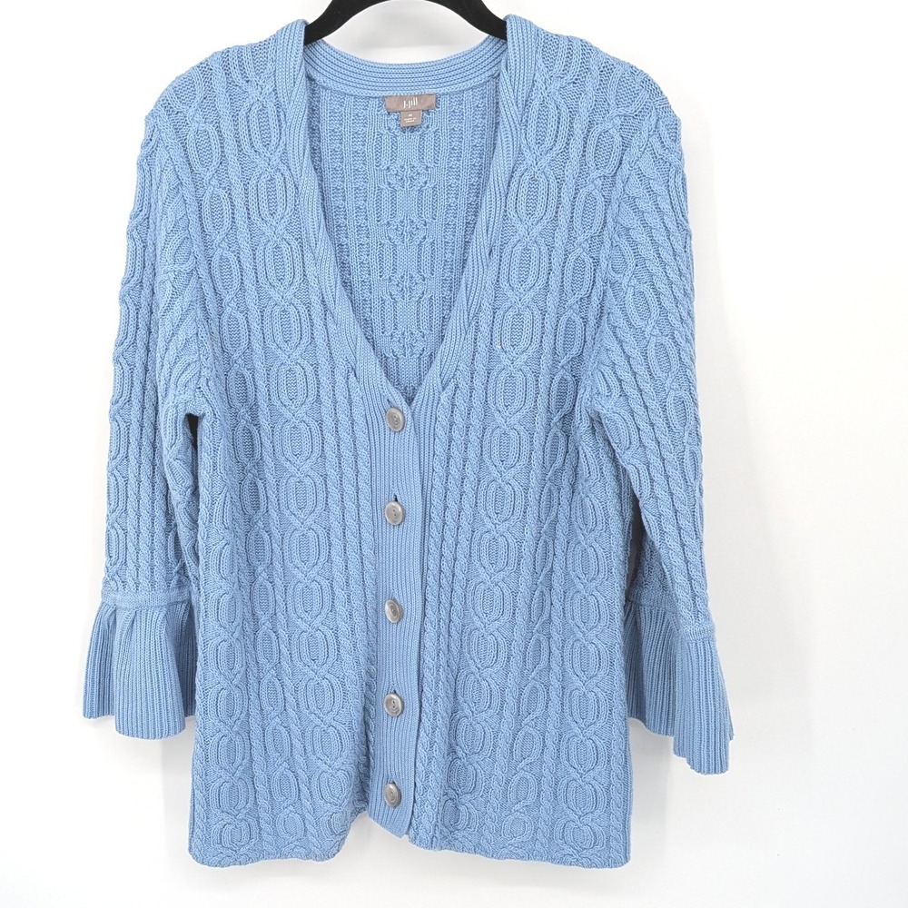 J Jill Cardigan Cable Knit Flared Sleeve Womens Medium Blue Button Front Sweater